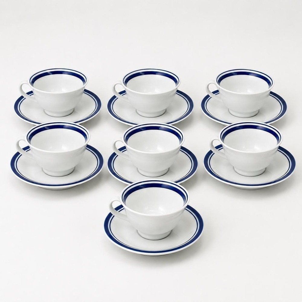 Pottery Barn Club Blue Cup & Saucer Set of 7 Cobalt Rim Japan Vintage Cottage